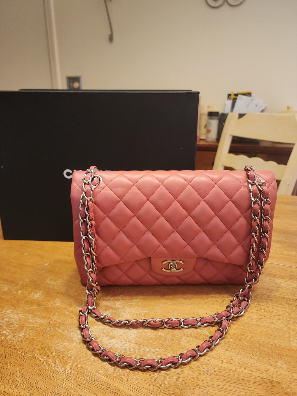 Chanel Classic Double Flap Bag in pink lambskin leather with silver-tone hardwar